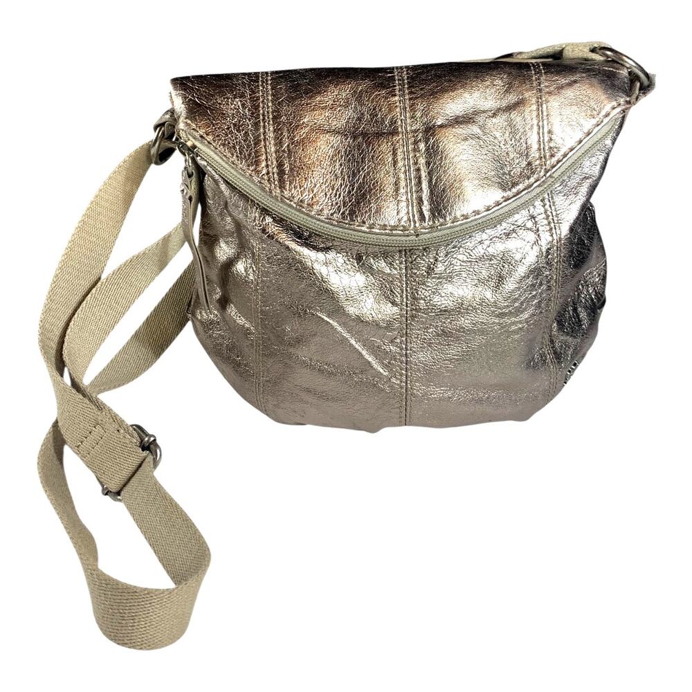 The Sak Metallic Pyrite Deena Flip Pebbled Leather Crossbody Hobo Bag Champagne